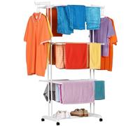 NK Tendedero Vertical Plegable con 4 Niveles - 6 Bandejas Retráctiles + 2 Alas Laterales con Soporte Perchas + Zapatero, Ruedas 360° (19m Ropa) (Blanco)
