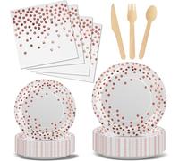 Nkaiso 144 Piezas Oro Rosa Vajilla Fiesta Cumpleaños, Papel Platos Cumpleaños Infantil, Juego de vajilla para Fiestas Platos Servilletas Cubiertos para Baby Shower Aniversarios -24 Invitado