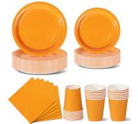 Nkaiso 96 Piezas Naranja Vajilla Fiesta Cumpleaños, Platos y Vaso Cumpleaños Infantil, Set de Party Decoración Platos Desechable Servilletas para Navidad, Barbacoas, Fiestas -24 Invitado