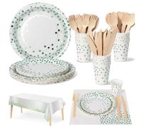 Nkaiso Blanco y Verde Vajilla Fiesta Cumpleaños, 141 Piezas Platos y Vaso Cumpleaños Infantil, Juego de vajilla para Fiestas Platos Servilletas Cubiertos para Baby Shower Aniversarios -20 Invitados