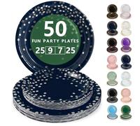 Nkaiso Platos Desechable, 50 Piezas Azul Marino y Plateado Vajilla de Fiesta Set -25x 23cm & 25 x 18cm Platos de Carton, legante y Resistente para Bodas, Cumpleaños y Eventos