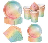 Nkaiso Platos y Vasos Desechables, 50 Piezas Arcoíris Oro Vajilla de Fiesta, 10x 23cm & 10 x 18cm Platos de Carton, 10 Vasos, 20 Servilletas - Para Bodas, Cumpleaños, Eventos -10 Invitados