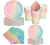 Nkaiso Platos y Vasos Desechables, 50 Piezas Arcoíris Vajilla de Fiesta, 10x 23cm & 10 x 18cm Platos de Carton, 10 Vasos, 20 Servilletas - Para Cumpleaños Infantiles, Fiestas Carnaval -10 Invitados