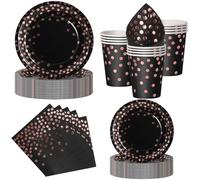 Nkaiso Platos y Vasos Desechables, 50 Piezas Negro y Rosa Oro Vajilla de Fiesta, 10x 23cm & 10 x 18cm Platos de Carton, 10 Vasos, 20 Servilletas - Para Bodas, Cumpleaños, Eventos -10 Invitados