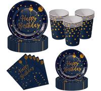 Nkaiso Platos y Vasos para Cumpleaños, 50 Piezas Azul Marino Oro Platos Carton Desechables, 10x 23cm & 10 x 18cm Platos Fiesta, 10 Vasos, 20 Servilletas - Para decoración de cumpleaños -10 Invitados