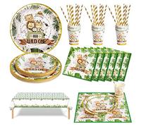 Nkaiso Vajilla de Fiesta 126 Piezas Jungle Animals Party Vajilla Decoraciones Cumpleaños Set de Juego de Platos Cubiertos Vasos y servilletas para Baby Shower Cumpleaños de Niños -25 Invitados