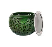 NKlaus Incienso de esteatita, redondo, verde, tallado a mano con motivos florales, 10,4 x 14,2 cm, quemador de incienso decorativo con colador y vela de té para resinas, meditación y decoración