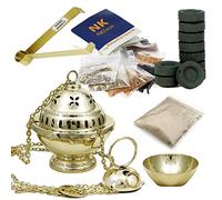 NKlaus Set incensario Dorado con resinas Naturales carbón Pinza Copa extraíble Ritual Espiritual meditación purificación Hecho a Mano Altura 14 cm latón Dorado 2916