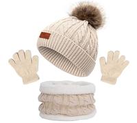 NLAND 3 in 1 Set de Bufanda Gorro Guantes Niña Niño Conjunto de Cálido Gorro de Punto Invierno con Pompon, Braga Cuello con Forro Polar y Guantes Termicos para Niña Niño 2-6 Años(Beige,Talla única)