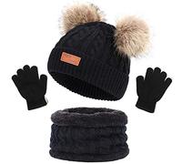 NLAND 3 in 1 Set de Bufanda Gorro Guantes Niña Niño Conjunto de Cálido Gorro de Punto Invierno con Pompon, Braga Cuello con Forro Polar y Guantes Termicos para Niña Niño 2-6 Años(Negro#1,Talla única)