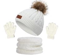 NLAND 3 in 1 Set de Bufanda Gorro Guantes Niña Niño Conjunto de Cálido Gorro de Punto Invierno con Pompon, Braga Cuello con Forro Polar y Guantes Termicos para Niña Niño 2-6 Años(Blanco,Talla única)
