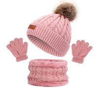 NLAND 3 in 1 Set de Bufanda Gorro Guantes Niña Niño Conjunto de Cálido Gorro de Punto Invierno con Pompon, Braga Cuello con Forro Polar y Guantes Termicos para Niña Niño 2-6 Años(Rosa,Talla única)