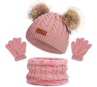 NLAND 3 in 1 Set de Bufanda Gorro Guantes Niña Niño Conjunto de Cálido Gorro de Punto Invierno con Pompon, Braga Cuello con Forro Polar y Guantes Termicos para Niña Niño 2-6 Años(Rosa#1,Talla única)