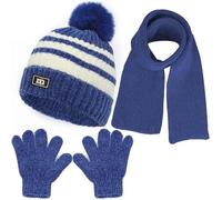 NLAND Gorro Guantes y Bufanda Niño Niña Bebé Otoño Invierno Gorro de Pompón Piel Punto con Forro de Lana Caliente para 1-5 Años Gorro Guantes y Bufanda Traje de 3 piezas(Azul,Talla única)