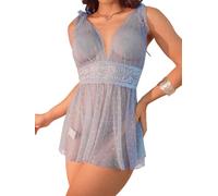 NLAND Lencería Babydoll Sexy para Mujer Cuello en V Profundo Transparente de Encaje Camisón Encaje de Lunares Lencería con G-String,Azul Cielo Talla única