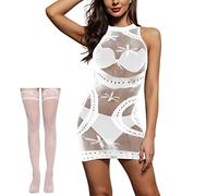 NLAND Lencería Conjunto Intimos Mujer Ropa Interior Babydoll con Medias Encaje Pijama Sin Mangas Transparente (Blanco, Talla única)