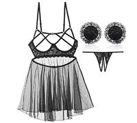 NLAND Mujer Lingerie Atractivo de Encaje y Tul Atractivo Bodysuit Conjunto Ropa de Dormir Conjunto Transparente Atractiva Babydoll(Negro,M)