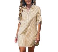 NLAND Vestido de Mujer de Manga Larga con Botones Casual Elegante Vestido de Camisa Mini Vestidos de Cuello V a Rayas，Marrón S