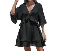 NLAND Vestido de Verano para Mujer con Volantes Cuello en V Manga Corta Vestido de Playa Ligero Vestido Corto(Negro,L)