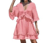 NLAND Vestido de Verano para Mujer con Volantes Cuello en V Manga Corta Vestido de Playa Ligero Vestido Corto(Rosa,L)