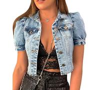 NLAVW Chaqueta Vaquera de Manga Corta para Mujer, Chaqueta Vaquera Informal, Chaqueta Corta Vintage de Color sólido, Ropa de Abrigo,Azul,M