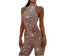 NLAVW Mono Sexy de Lentejuelas para Mujer, sin Mangas, Cuello Redondo, ceñido al Cuerpo Brillante, Mono Ajustado para Fiesta, Mono, Mono,Plata,XXL