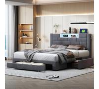 NLDGR Cama doble de 160 x 200 cm con cabecero LED y puerto USB, cama de almacenamiento con cajones de almacenamiento, marco de cama juvenil, estilo europeo y americano, sin colchón