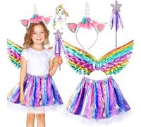 NLMWTI 4 Piezas Disfraz Unicornio Niña, Disfraz de Princesa Niña con Falda de Tutú, Diadema de Unicornio y Barra Luminosa, Unicornio Halloween Carnaval Fiesta Unicornio Vestido para Niñas