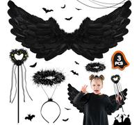 NLMWTI Alas De Ángel para Halloween, Alas de Angel Negro con Aureola y Varita Mágica, Alas Negras para Niños Adultos Mascarada Halloween Carnaval Cosplay Fiesta