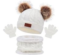 NLMWTI Conjunto de Bufanda y Gorro Guantes 3 Piezas para Niños de 1 a 6 Años Pequeños Gorro de Invierno con Color Puro Sombrero de Doble Pompón Calentador de Cuellode 1-6 años