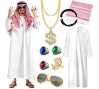 NlsqEU Disfraz de jeque para hombre, disfraz árabe, disfraz de cosplay, vestido árabe blanco con pañuelo en la cabeza, collares, gafas de sol, anillo de dedo para carnaval, fiesta, cosplay
