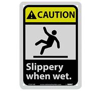 NMC CGA14R Caution - Slippery when wet. - 17.78 cm x 25.4 cm Señalización de precaución de plástico con gráfico, texto negro/blanco sobre base amarilla/negra