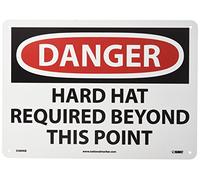 NMC D389AB DANGER - HARD HAT REQUIRED BEYOND THIS POINT Sign - Señal de peligro de aluminio, 14 pulgadas x 10 pulgadas, texto negro/blanco sobre base blanca/roja