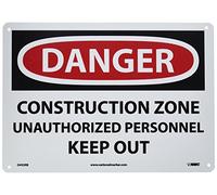 NMC D493RB Cartel de OSHA, leyenda "DANGER - CONSTRUCTION ZONE UNAUTHORIZED PERSONNEL KEEP OUT", 14 pulgadas de largo x 10 pulgadas de alto, plástico rígido, negro sobre blanco