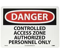 NMC D662AB OSHA Letrero, leyenda "DANGER - CONTROLLED ACCESS ZONE AUTHORIZED PERSONNEL ONLY", 14 pulgadas de largo x 10 pulgadas de alto, aluminio, negro sobre blanco