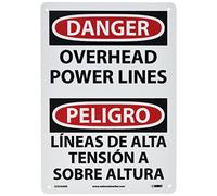 NMC ESD468RB Señal bilingüe OSHA, leyenda "DANGER - OVERHEAD POWER LINES", 10 pulgadas de largo x 14 pulgadas de alto, plástico rígido, negro/rojo sobre blanco