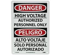 NMC ESD684RB - Letrero bilingüe de OSHA, leyenda "DANGER - HIGH VOLTAGE AUTHORIZED PERSONNEL ONLY", 10 pulgadas de largo x 14 pulgadas de alto, plástico rígido, negro/rojo sobre blanco
