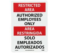 NMC ESRA4RB - Letrero bilingüe OSHA, leyenda "RESTRICTED AREA - AUTHORIZED EMPLOYEES ONLY", 10 pulgadas de largo x 14 pulgadas de alto, plástico rígido, negro/rojo sobre blanco