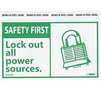NMC SGA3AP OSHA Sign, Legend"SAFETY FIRST - Lockout all power sources" with Graphic, 5" de largo x 3" de altura, vinilo sensible a la presión, verde sobre blanco (Pack de 5)