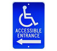 NMC TM150J ACCESSIBLE ENTRANCE - 12 pulgadas. x 18 pulgadas. Letrero de aluminio reflectante resistente con símbolo de discapacidad y gráfico de flecha izquierda, texto blanco sobre base azul