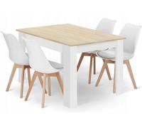 NMK HOME Conjunto Mesa Rectangular 120 x 80 cm y 4 Sillas Comedor Blancas - Mesa de Cocina con Sillas con Cojín de Cuero Sintético y Patas de Madera de Haya