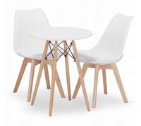 NMK HOME Conjunto Mesa Redonda Ф 60 cm y 2 Sillas Comedor Blancas - Mesa de Cocina con Sillas con Cojín de Cuero Sintético y Patas de Madera de Haya