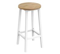 NMK HOME Taburete de Bar Redondo 65 cm - Taburete de Cocina con Estructura de Metal Blanca y Asiento Efecto Roble Sonoma, Taburete Estable con reposapiés para Cocina o Bar