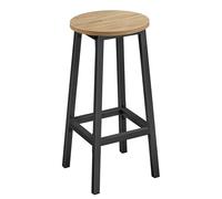 NMK HOME Taburete de Bar Redondo 65 cm - Taburete de Cocina con Estructura de Metal Negra y Asiento Efecto Roble Sonoma, Taburete Estable con reposapiés para Cocina o Bar