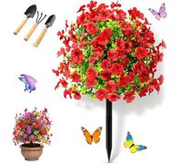 NNBWLMAEE Artificial Flowers Outdoor with Ground Stake, UV Resistant Realistic Morning Glory Bush Yard Stakes, 22" Realistic Artificial Flowers for Outdoors for Garden, Yard, Planter and Porch (Red)