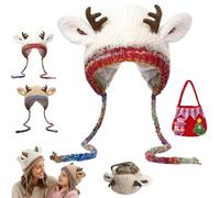 NNBWLMAEE Festive Christmas Antler Hat & Bag 2-in-1, Christmas Transformable Hat and Bag, Adjustable Women's Cute Xmas Deer Plush Hats, Xmas Warm Knitted Cap Gift for Women Girls (Off-White)