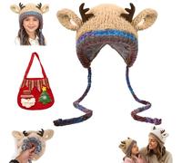 NNBWLMAEE Festive Christmas Antler Hat & Bag 2-in-1, Christmas Transformable Hat and Bag, Adjustable Women's Cute Xmas Deer Plush Hats, Cute Deer Storage Knitted Winter Hats, for Child Adult (Khaki)