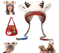 NNBWLMAEE Festive Christmas Antler Hat & Bag 2-in-1, Christmas Transformable Hat and Bag, Adjustable Women's Cute Xmas Deer Plush Hats, Cute Deer Storage Knitted Winter Hats, for Child Adult (Beige)