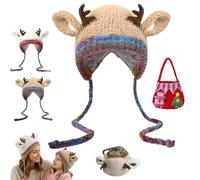 NNBWLMAEE Festive Christmas Antler Hat & Bag 2-in-1, Christmas Transformable Hat and Bag, Adjustable Women's Cute Xmas Deer Plush Hats, Xmas Warm Knitted Cap Gift for Women Girls (Khaki)