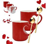NNBWLMAEE Heat Changing Mug Heart, Heart-Shaped Color-Changing Ceramic Mug, Valentine Themed Hearts Shaped Handle Ceramic Coffee Cup, Magic Mugs Heat Changings, Romantic Gifts for Couples (Red*2)
